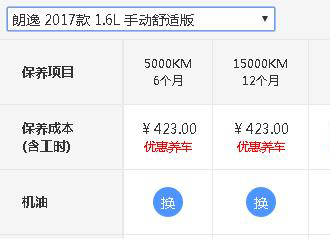 朗逸(2017)1.6L保养周期表，1.6朗逸保养费用明细表