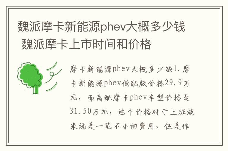 魏派摩卡新能源phev大概多少钱 魏派摩卡上市时间和价格