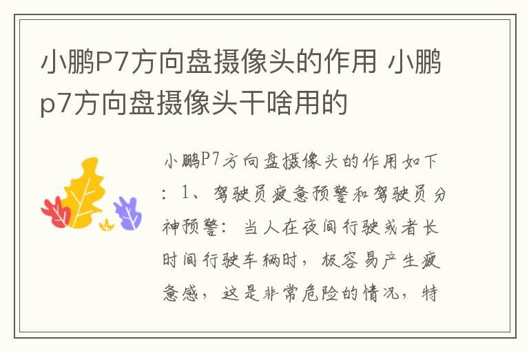 小鹏P7方向盘摄像头的作用 小鹏p7方向盘摄像头干啥用的