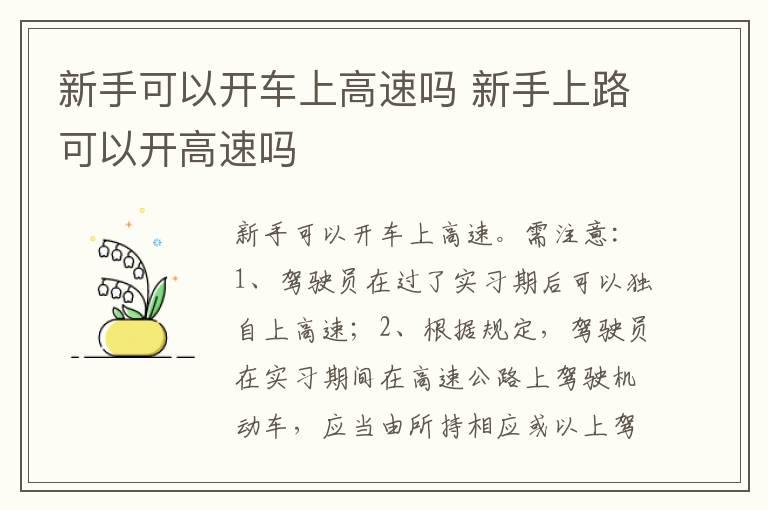 新手可以开车上高速吗 新手上路可以开高速吗