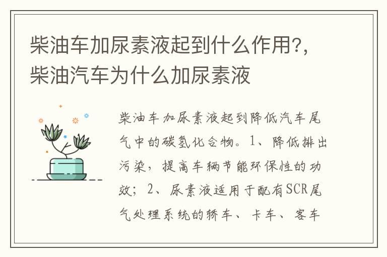 柴油车加尿素液起到什么作用?，柴油汽车为什么加尿素液