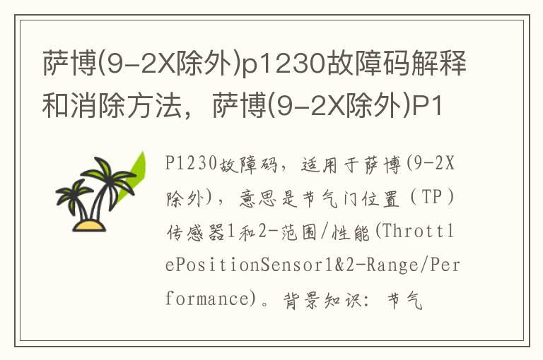 萨博(9-2X除外)p1230故障码解释和消除方法，萨博(9-2X除外)P1230故障码怎么解决？