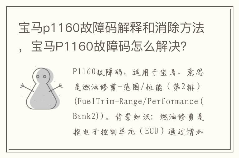 宝马p1160故障码解释和消除方法，宝马P1160故障码怎么解决？