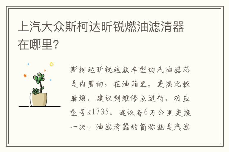 上汽大众斯柯达昕锐燃油滤清器在哪里？