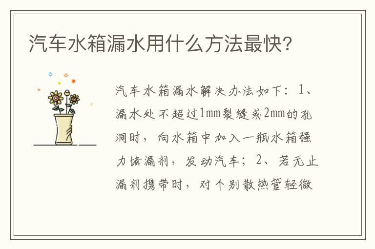 汽车水箱漏水用什么方法最快?