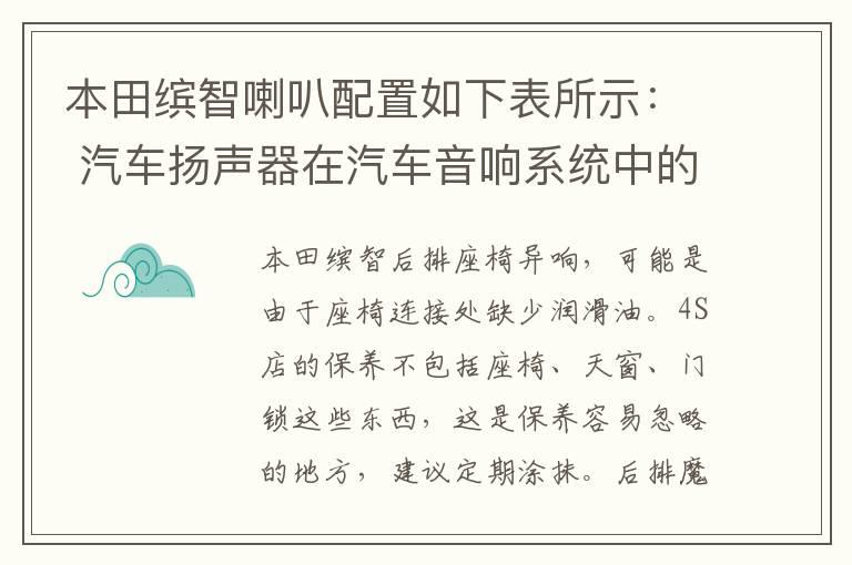 本田缤智喇叭配置如下表所示： 汽车扬声器在汽车音响系统中的重要性更为突