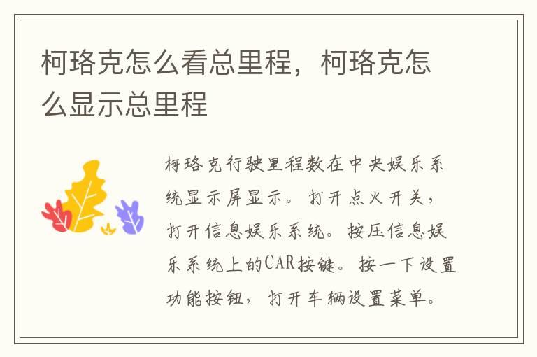 柯珞克怎么看总里程，柯珞克怎么显示总里程
