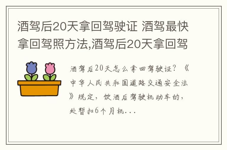 酒驾后20天拿回驾驶证 酒驾最快拿回驾照方法,酒驾后20天拿回驾驶证