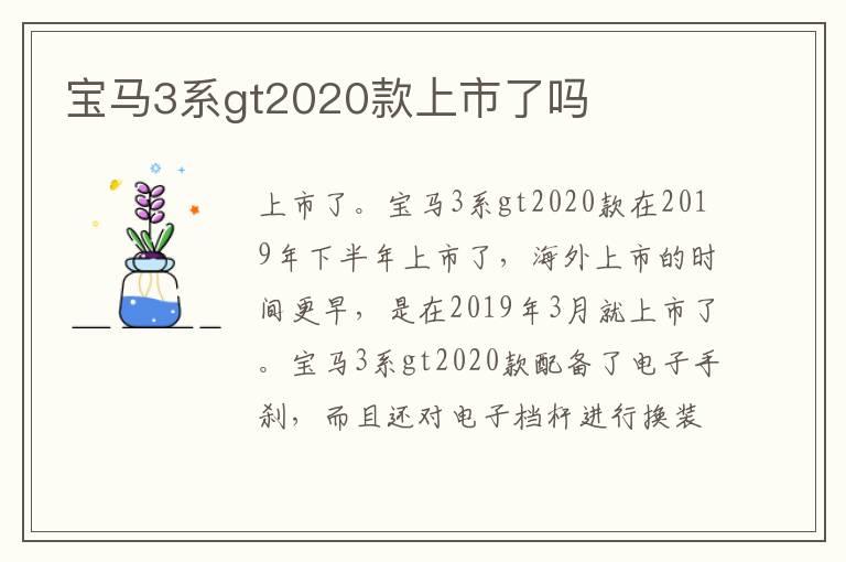 宝马3系gt2020款上市了吗