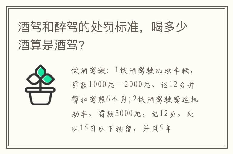 酒驾和醉驾的处罚标准，喝多少酒算是酒驾?