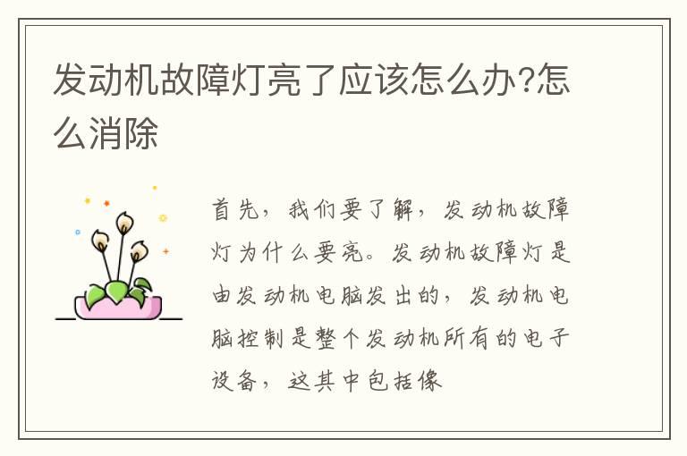发动机故障灯亮了应该怎么办?怎么消除