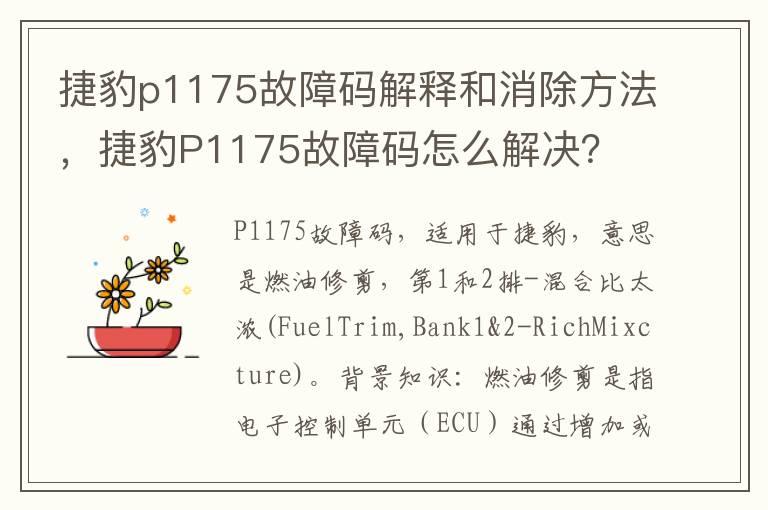 捷豹p1175故障码解释和消除方法，捷豹P1175故障码怎么解决？