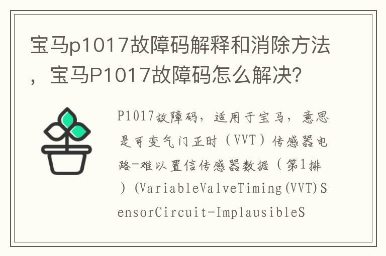 宝马p1017故障码解释和消除方法，宝马P1017故障码怎么解决？