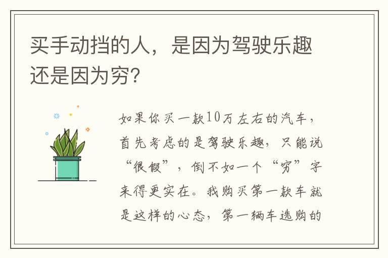 买手动挡的人，是因为驾驶乐趣还是因为穷？