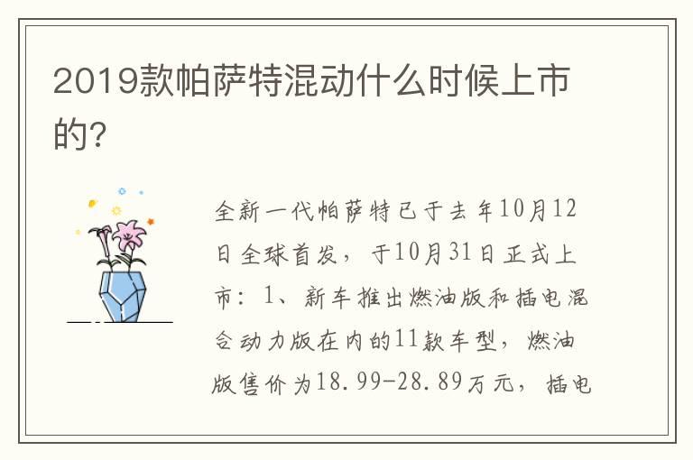 2019款帕萨特混动什么时候上市的?