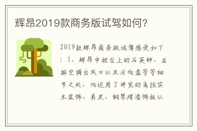 辉昂2019款商务版试驾如何?